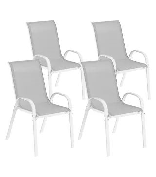 Set de 4 Sillas de Exterior Apilables con Asiento de Malla Respaldo Alto y Marco de Acero para Jardín o Terraza Gris