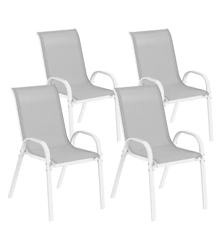 Set de 4 Sillas de Exterior Apilables con Asiento de Malla Respaldo Alto y Marco de Acero para Jardín o Terraza Gris