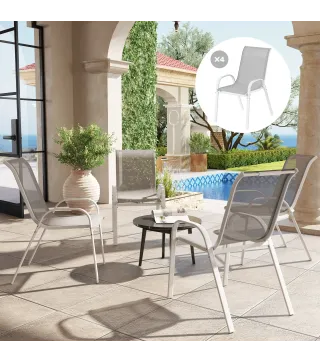 Set de 4 Sillas de Exterior Apilables con Asiento de Malla Respaldo Alto y Marco de Acero para Jardín o Terraza Gris