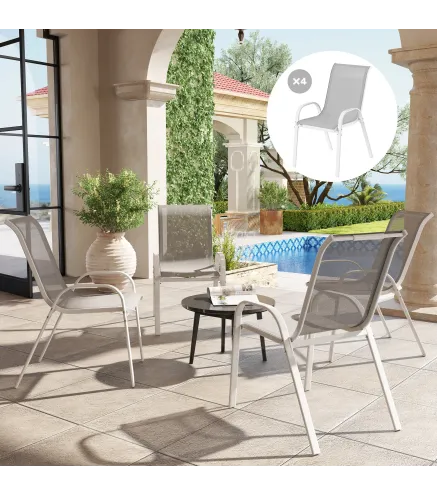 Set de 4 Sillas de Exterior Apilables con Asiento de Malla Respaldo Alto y Marco de Acero para Jardín o Terraza Gris