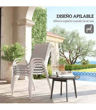 Set de 4 Sillas de Exterior Apilables con Asiento de Malla Respaldo Alto y Marco de Acero para Jardín o Terraza Gris