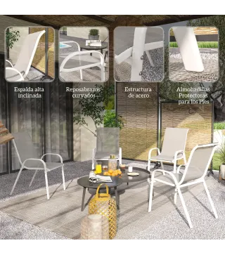 Set de 4 Sillas de Exterior Apilables con Asiento de Malla Respaldo Alto y Marco de Acero para Jardín o Terraza Gris