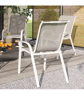 Set de 4 Sillas de Exterior Apilables con Asiento de Malla Respaldo Alto y Marco de Acero para Jardín o Terraza Gris