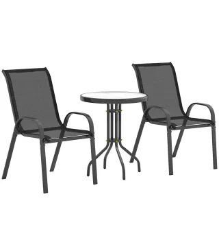 Conjunto de Jardín de 3 Piezas con Mesa Redonda Encimera de Vidrio y Sillas Apilables para Exteriores Negro