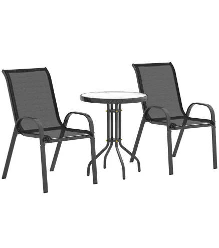 Conjunto de Jardín de 3 Piezas con Mesa Redonda Encimera de Vidrio y Sillas Apilables para Exteriores Negro