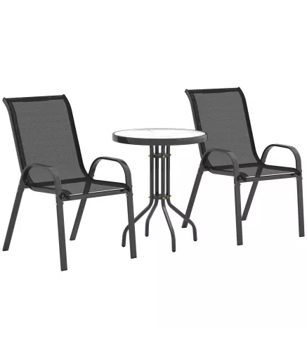 Conjunto de Jardín de 3 Piezas con Mesa Redonda Encimera de Vidrio y Sillas Apilables para Exteriores Negro