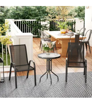 Conjunto de Jardín de 3 Piezas con Mesa Redonda Encimera de Vidrio y Sillas Apilables para Exteriores Negro