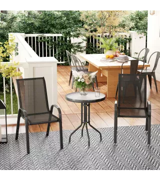 Conjunto de Jardín de 3 Piezas con Mesa Redonda Encimera de Vidrio y Sillas Apilables para Exteriores Negro