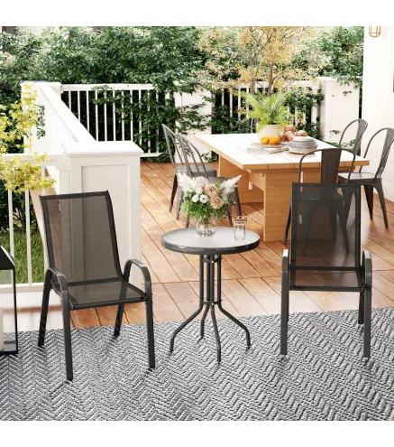 Conjunto de Jardín de 3 Piezas con Mesa Redonda Encimera de Vidrio y Sillas Apilables para Exteriores Negro