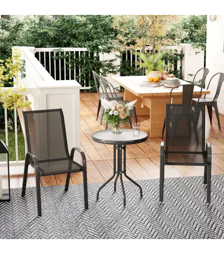 Conjunto de Jardín de 3 Piezas con Mesa Redonda Encimera de Vidrio y Sillas Apilables para Exteriores Negro