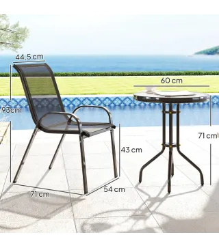Conjunto de Jardín de 3 Piezas con Mesa Redonda Encimera de Vidrio y Sillas Apilables para Exteriores Negro