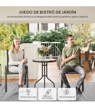 Conjunto de Jardín de 3 Piezas con Mesa Redonda Encimera de Vidrio y Sillas Apilables para Exteriores Negro