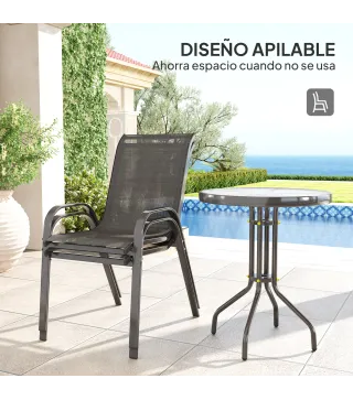 Conjunto de Jardín de 3 Piezas con Mesa Redonda Encimera de Vidrio y Sillas Apilables para Exteriores Negro