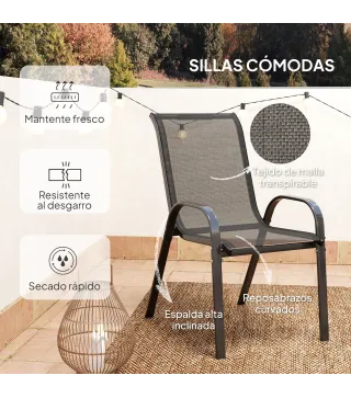 Conjunto de Jardín de 3 Piezas con Mesa Redonda Encimera de Vidrio y Sillas Apilables para Exteriores Negro