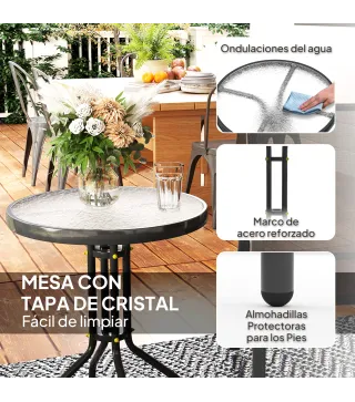 Conjunto de Jardín de 3 Piezas con Mesa Redonda Encimera de Vidrio y Sillas Apilables para Exteriores Negro