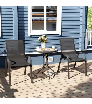 Conjunto de Jardín de 3 Piezas con Mesa Redonda Encimera de Vidrio y Sillas Apilables para Exteriores Negro