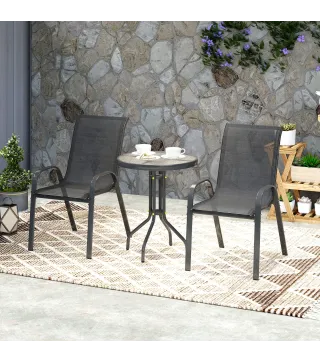 Conjunto de Jardín de 3 Piezas con Mesa Redonda Encimera de Vidrio y Sillas Apilables para Exteriores Negro