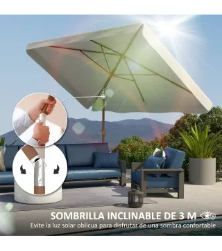Sombrilla de Terraza Exterior 300x200x235 cm con Ángulo Ajustable Mástil de Aluminio Manivela y Protección UV 50+ Crema