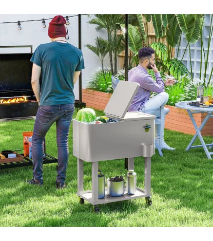 Carro Nevera con Ruedas Abrebotellas y Estante 56L para Patio Fiesta Terraza 67x35x80 cm Gris Claro