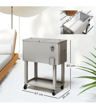 Carro Nevera con Ruedas Abrebotellas y Estante 56L para Patio Fiesta Terraza 67x35x80 cm Gris Claro