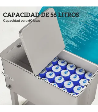Carro Nevera con Ruedas Abrebotellas y Estante 56L para Patio Fiesta Terraza 67x35x80 cm Gris Claro