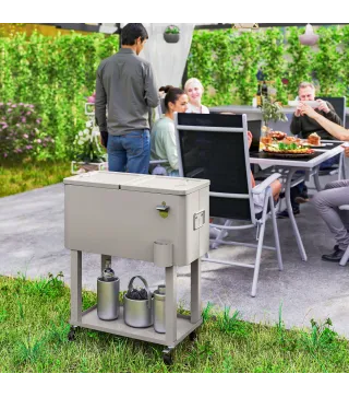 Carro Nevera con Ruedas Abrebotellas y Estante 56L para Patio Fiesta Terraza 67x35x80 cm Gris Claro