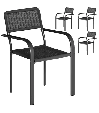 Juego de 4 Sillas de Jardín Exterior Apilables con Reposabrazos Respaldo y Marco de Acero 55x60x83 cm Negro