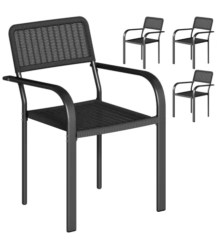 Juego de 4 Sillas de Jardín Exterior Apilables con Reposabrazos Respaldo y Marco de Acero 55x60x83 cm Negro