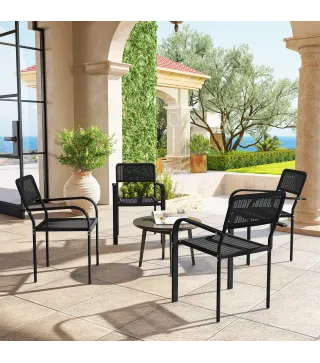 Juego de 4 Sillas de Jardín Exterior Apilables con Reposabrazos Respaldo y Marco de Acero 55x60x83 cm Negro