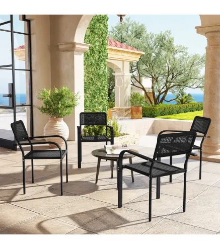 Juego de 4 Sillas de Jardín Exterior Apilables con Reposabrazos Respaldo y Marco de Acero 55x60x83 cm Negro