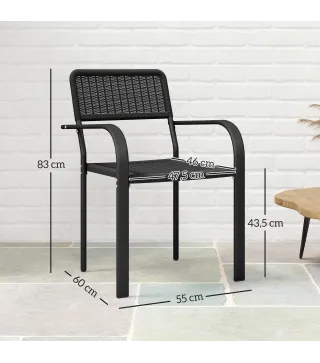 Juego de 4 Sillas de Jardín Exterior Apilables con Reposabrazos Respaldo y Marco de Acero 55x60x83 cm Negro