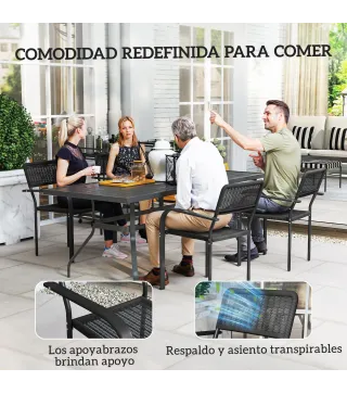 Juego de 4 Sillas de Jardín Exterior Apilables con Reposabrazos Respaldo y Marco de Acero 55x60x83 cm Negro