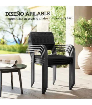 Juego de 4 Sillas de Jardín Exterior Apilables con Reposabrazos Respaldo y Marco de Acero 55x60x83 cm Negro