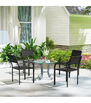 Juego de 4 Sillas de Jardín Exterior Apilables con Reposabrazos Respaldo y Marco de Acero 55x60x83 cm Negro