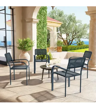 Juego de 4 Sillas de Jardín Exterior Apilables con Reposabrazos Respaldo y Marco de Acero 55x60x83 cm Gris Oscuro