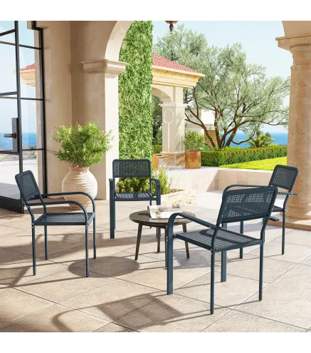 Juego de 4 Sillas de Jardín Exterior Apilables con Reposabrazos Respaldo y Marco de Acero 55x60x83 cm Gris Oscuro
