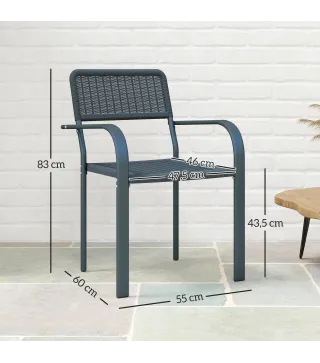Juego de 4 Sillas de Jardín Exterior Apilables con Reposabrazos Respaldo y Marco de Acero 55x60x83 cm Gris Oscuro