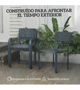 Juego de 4 Sillas de Jardín Exterior Apilables con Reposabrazos Respaldo y Marco de Acero 55x60x83 cm Gris Oscuro