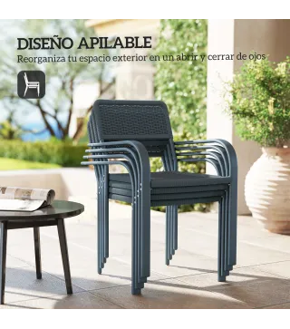 Juego de 4 Sillas de Jardín Exterior Apilables con Reposabrazos Respaldo y Marco de Acero 55x60x83 cm Gris Oscuro