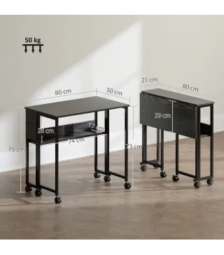 Escritorio Plegable con Ruedas Balda y Bolsillo de Almacenaje Ideal para Espacios Pequeños 80x50x75 cm Negro