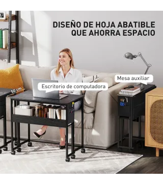 Escritorio Plegable con Ruedas Balda y Bolsillo de Almacenaje Ideal para Espacios Pequeños 80x50x75 cm Negro