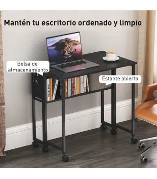 Escritorio Plegable con Ruedas Balda y Bolsillo de Almacenaje Ideal para Espacios Pequeños 80x50x75 cm Negro