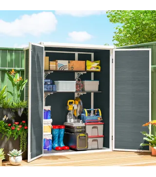 Cobertizo de Jardín Exterior de Plástico 0,81 m² 134x68,5x170 cm con Suelo 2 Estantes Plegables Puertas con Pestillo