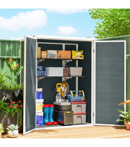 Cobertizo de Jardín Exterior de Plástico 0,81 m² 134x68,5x170 cm con Suelo 2 Estantes Plegables Puertas con Pestillo