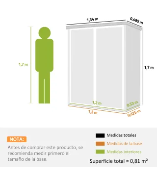 Cobertizo de Jardín Exterior de Plástico 0,81 m² 134x68,5x170 cm con Suelo 2 Estantes Plegables Puertas con Pestillo