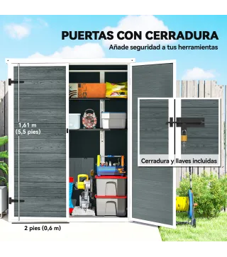 Cobertizo de Jardín Exterior de Plástico 0,81 m² 134x68,5x170 cm con Suelo 2 Estantes Plegables Puertas con Pestillo