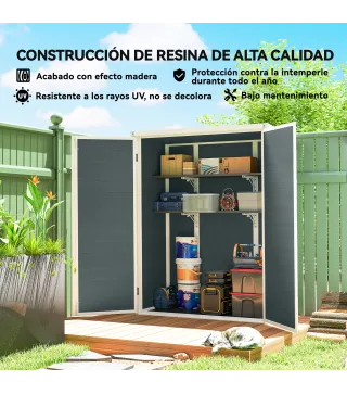 Cobertizo de Jardín Exterior de Plástico 0,81 m² 134x68,5x170 cm con Suelo 2 Estantes Plegables Puertas con Pestillo