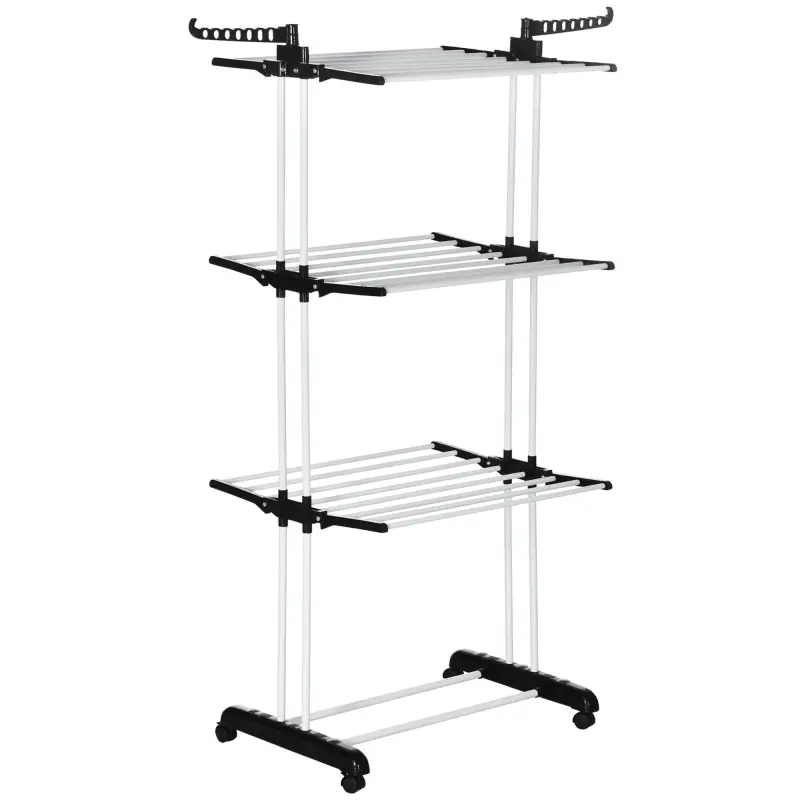 Tendedero de Ropa Plegable con Ruedas 3 Niveles con Alas Plegables y Colgadores 73x64x172 cm Negro y Blanco Tendedero de Ropa Plegable con Ruedas 3 Niveles con Alas Plegables y Colgadores 73x64x172 cm Negro y Blanco