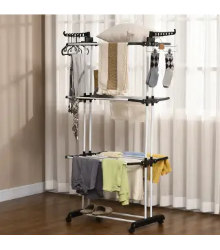 Tendedero de Ropa Plegable con Ruedas 3 Niveles con Alas Plegables y Colgadores 73x64x172 cm Negro y Blanco