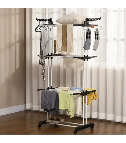 Tendedero de Ropa Plegable con Ruedas 3 Niveles con Alas Plegables y Colgadores 73x64x172 cm Negro y Blanco
